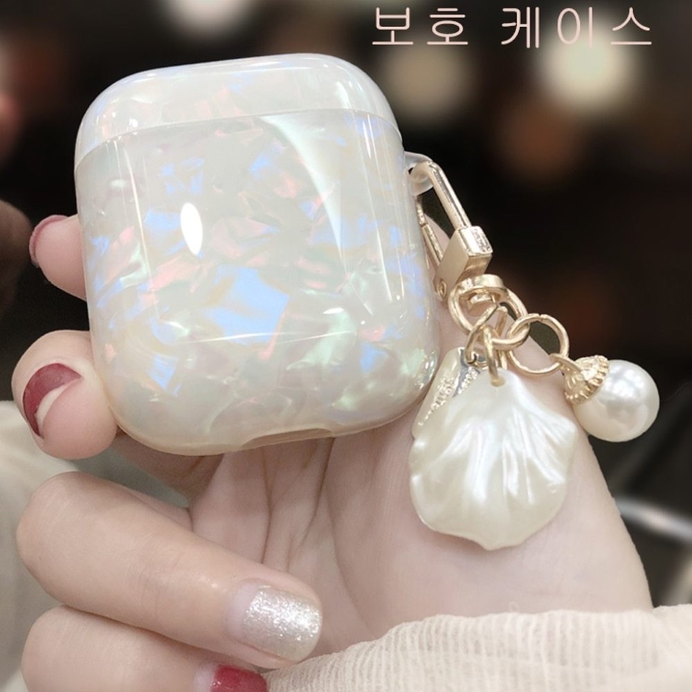 For Apple AirPods 4 Cute Glossy Glitter Case Cover+Pearl Shell Pendant